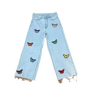 Butterfly Patch Wide Leg Jeans Womens Sz 8 Blue Cropped Raw Hem Y2K Festival